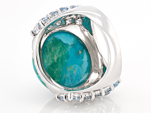 16mm round cabochon turquoise with 2.38ctw round Glacier Topaz(TM) rhodium over sterling silver ring - Size 7