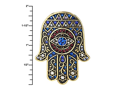 Off Park ® Collection Multicolor Crystal Antiqued Gold Tone Hamsa Hand Pin/Pendant With Chain
