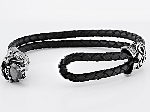 Off Park® Collection Black Crystal, With Black Leather Silver Tone Mens Skull Bracelet