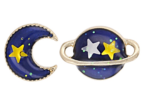 Off Park® Collection, Gold Tone Blue Enamel Saturn, Moon, and Star Set of 5 Earrings
