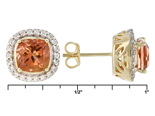 1.90ctw Square Cushion Peach Oregon Sunstone With .26ctw Round White Zircon 10k Yellow Gold Earrings