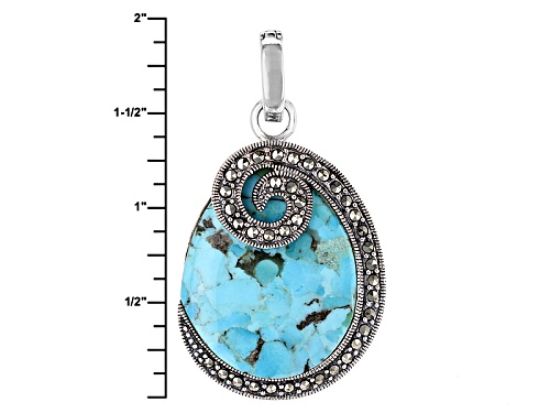 Pre-Owned 28x24mm Pear Shape Cabochon Blue Turquoise And Round Marcasite Silver Enhancer With Chain