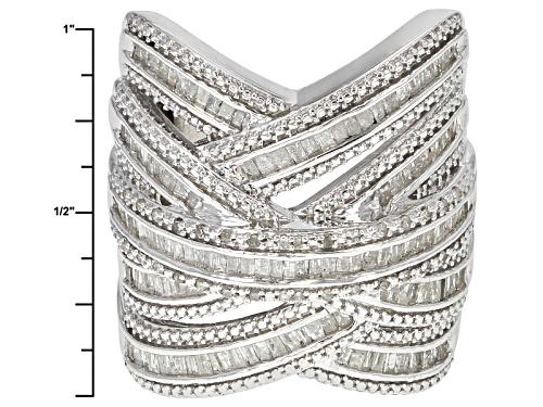 Pre-Owned 1.45ctw Baguette And Round White Diamond Rhodium Over Sterling Silver Crossover Ring - Size 6