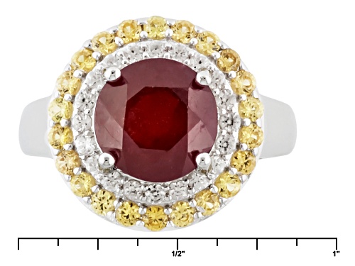 Pre-Owned 3.28ct Mahaleo® Ruby And .60ctw Yellow Sapphire With .38ctw White Zircon Sterling Silver R - Size 12