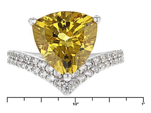 Pre-Owned 5.75ct Trillion Golden Apatite With .75ctw Round White Zircon Sterling Silver Ring - Size 7