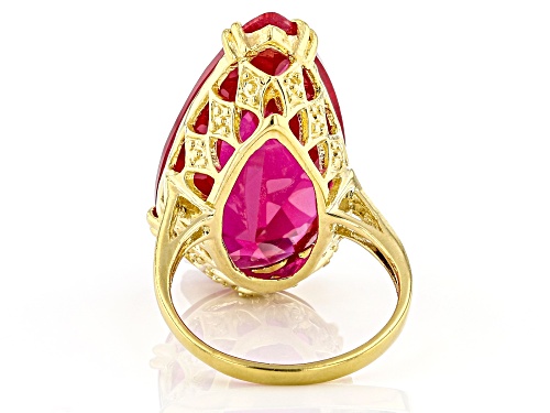 Pre-Owned 18.00ct Pear Shaped Lab Created Ruby 18K Yellow Gold Over Sterling Silver Solitaire Ring - Size 7