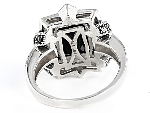 Pre-Owned 3.23ct Rectangular Octagonal Black Spinel With Round Marcasite Sterling Silver Ring - Size 7