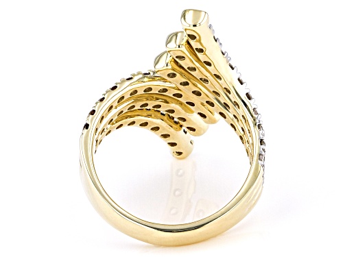 Pre-Owned 2.10ctw Round Champagne And White Diamond 10k Yellow Gold Bypass Ring - Size 7