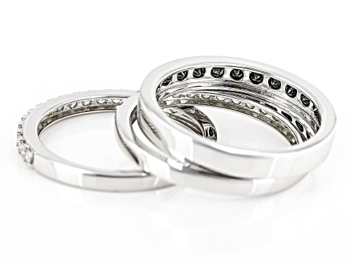 Pre-Owned 1.00ctw Round Black And White Diamond Rhodium Over Sterling Silver Set of 3 Band Rings - Size 6