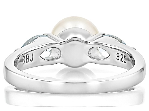 Pre-Owned 7mm White Cultured Freshwater Pearl and 0.88ctw Sky Blue Topaz Rhodium Over Sterling Silve - Size 12
