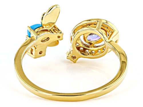 Pre-Owned 0.72ctw Tanzanite, White Zircon & 4x3mm Sleeping Beauty Turquoise 18k Yellow Gold Over Sil - Size 8
