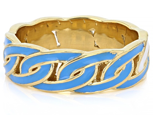 Pre-Owned Pacific Style™ White & Teal Enamel 18k Yellow Gold Over Brass Chainlink Band Ring - Size 6