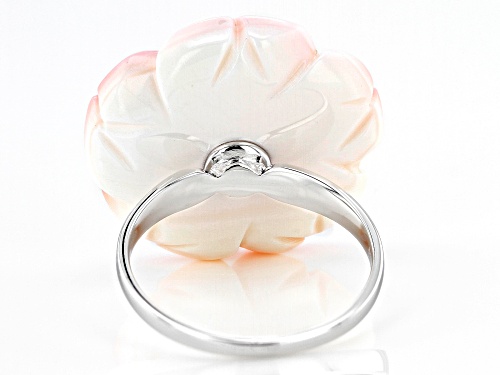 Pre-Owned Pacific Style™ 25mm Flower Carved Pink Conch Shell Rhodium Over Sterling Silver Ring - Size 12