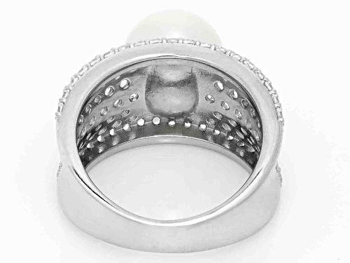 Pre-Owned 10-10.5mm White Cultured Freshwater Pearl and White Zircon Rhodium Over Sterling Silver Ri - Size 12