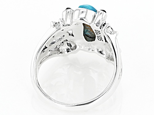 Pre-Owned 14x6mm Turquoise With 2mm Black Onyx Sterling Silver Frog Ring - Size 7