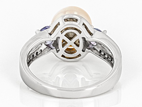Pre-Owned 8mm White Cultured Freshwater Pearl With Tanzanite & White Zircon Rhodium Over Silver Ring - Size 12