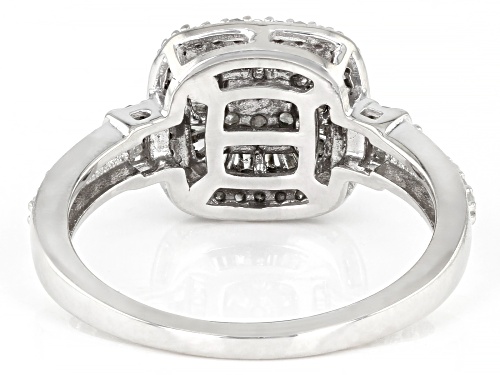 Pre-Owned 0.55ctw Round And Baguette White Diamond Rhodium Over Sterling Silver Halo Ring - Size 5