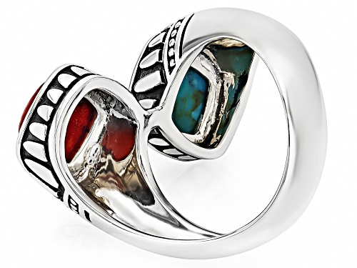 Pre-Owned Southwest Style By JTV™ 8mm Turquoise & 8mm Coral Sterling Silver Bypass Ring - Size 7