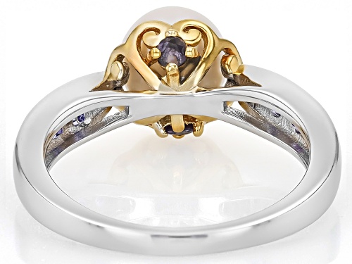 Pre-Owned 7mm White Cultured Japanese Akoya Pearl With Tanzanite Rhodium And 18K Gold Over Silver Ri - Size 11