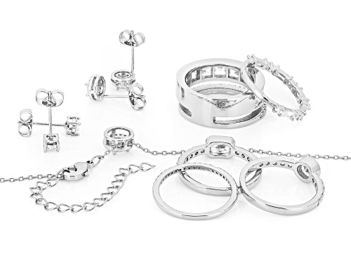 Pre-Owned Bella Luce® 8.29ctw White Diamond Simulant Rhodium Over Brass Ring, Stud, and Necklace Box