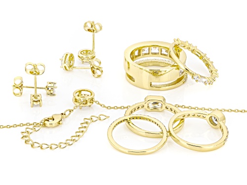 Pre-Owned Bella Luce® 8.29ctw Diamond Simulant 18k Yellow Gold Over Brass Ring, Stud, and Necklace B