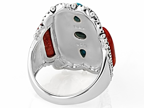 Pre-Owned Southwest Style by JTV™ Sponge Coral With Turquoise & Enamel Sterling Silver Ring - Size 8