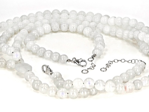 14X12mm oval & 8mm round rainbow moonstone bead rhodium over silver necklace & bracelet set