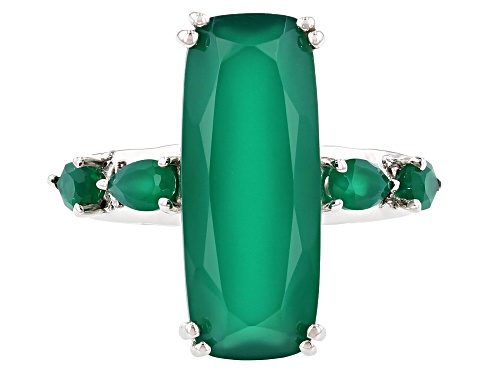 20X8mm rectangular with 5X3 & 4X3mm pear shape green onyx rhodium over sterling silver ring - Size 9