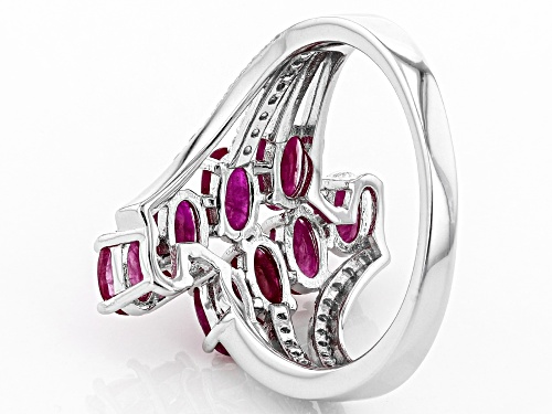 Pre-Owned 1.71ctw Oval Burmese Ruby & .24ctw Round White Zircon Rhodium Over Sterling Silver Bypass - Size 10