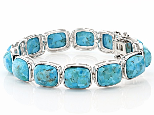 Pre-Owned 12x10mm Rectangular Cushion Cabochon Turquoise Rhodium Over Sterling Silver Bracelet - Size 8