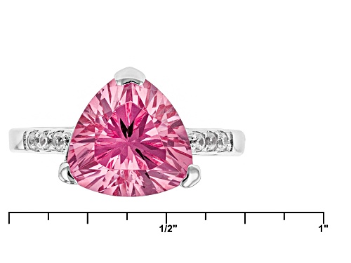 Pre-Owned 4.40ct Trillion Lab Created Pink Yag With .11ctw Round White Zircon Sterling Silver Ring - Size 6
