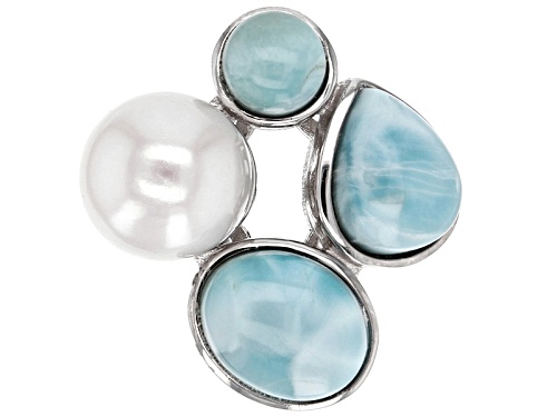 Pre-Owned 9.5-10mm White Cultured Freshwater Pearl & 7.95ctw Larimar Rhodium Over Sterling Silver Ri - Size 4