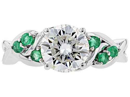Pre-Owned Moissanite Fire® 1.90ct Dew Round And .24ctw Round Zambian Emerald Platineve® Ring - Size 9