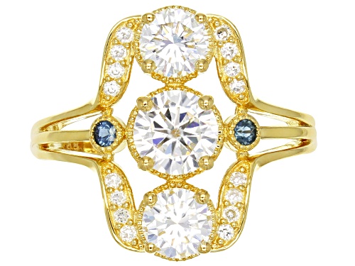 Pre-Owned Moissanite Fire® 1.96ctw Dew And .10ctw  Blue Sapphire 14k Yellow Gold Over Silver Ring - Size 6