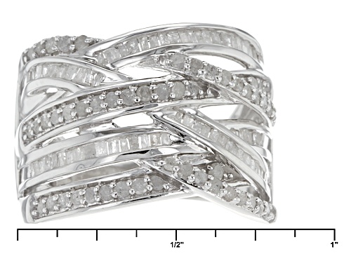 Pre-Owned 1.00ctw Round And Baguette Diamond Rhodium Over Sterling Silver Band Ring - Size 5