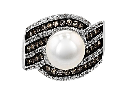 Pre-Owned Cultured Freshwater Pearl, Diamond and Zircon Rhodium Over Silver Ring - Size 7