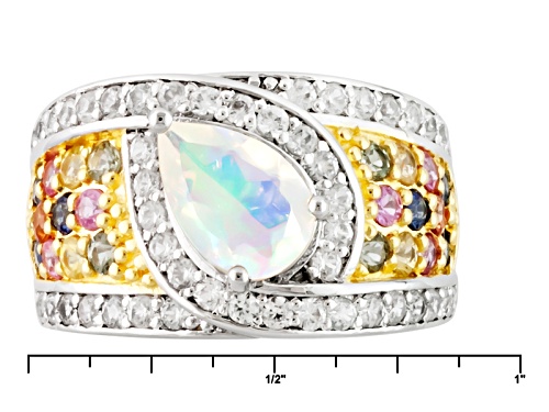 Pre-Owned 2.38ctw Pear Shape Ethiopian Opal, Round Multi Color Sapphire, White Zircon Two-Tone Silve - Size 6