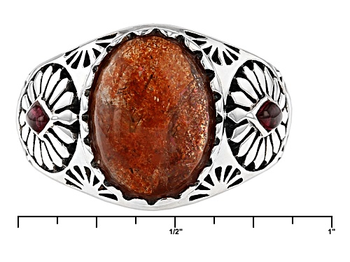 Pre-Owned Southwest Style By Jtv™ 14x10mm Oval Sunstone And .17ctw Vermelho Garnet™ Sterling Silver - Size 5