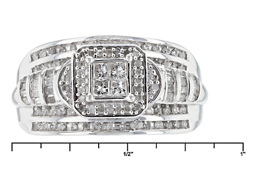 Pre-Owned .65ctw Round Baguette And Princess Cut White Diamond Rhodium Over Silver Quad Ring - Size 5