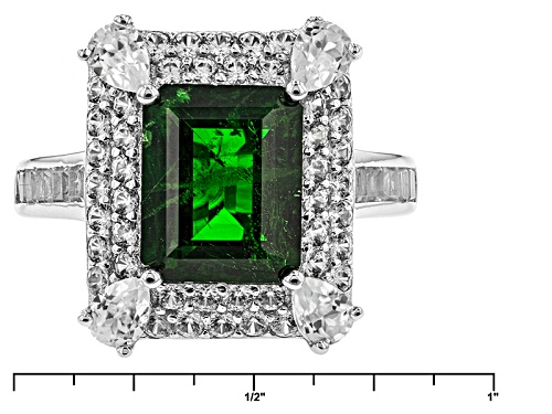Pre-Owned 2.72ct Emerald Cut Russian Chrome Diopside, 2.25ctw White Zircon Silver Ring - Size 10