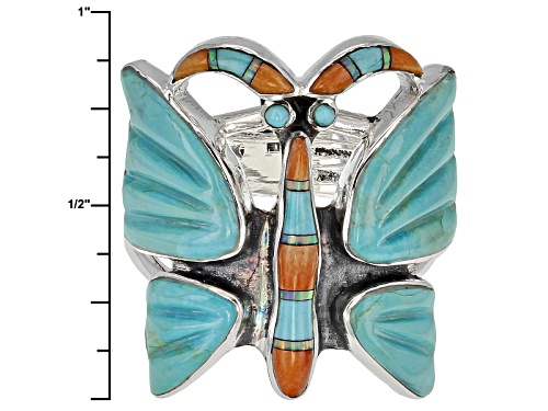 Pre-Owned Southwest Style By Jtv™ Turquoise, Opal Simulant, Orange Spiny Oyster Shell Silver Butterf - Size 7