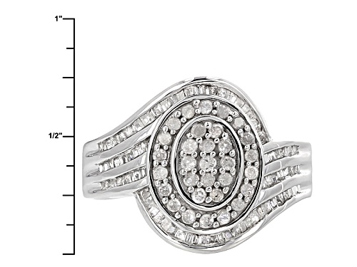 Pre-Owned .85ctw Baguette And Round White Diamond Rhodium Over Sterling Silver Cluster Ring - Size 12