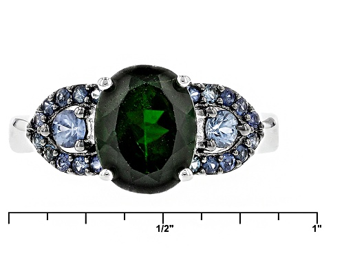 Pre-Owned 2.38ct Oval Russian Chrome Diopside And .60ctw Round Blue Sapphire Sterling Silver Ring - Size 12