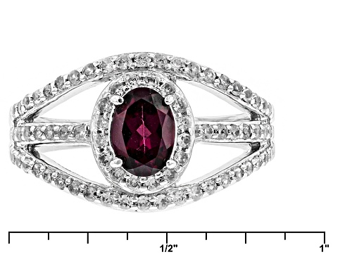 Pre-Owned .80ct Oval Raspberry Color Rhodolite And .49ctw Round White Zircon Sterling Silver Ring - Size 12