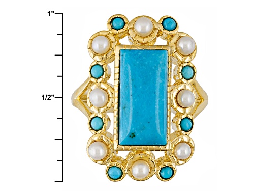 Pre-Owned  Turquoise With White Cultured Freshwater Pearls 18k Gold Over Br - Size 12