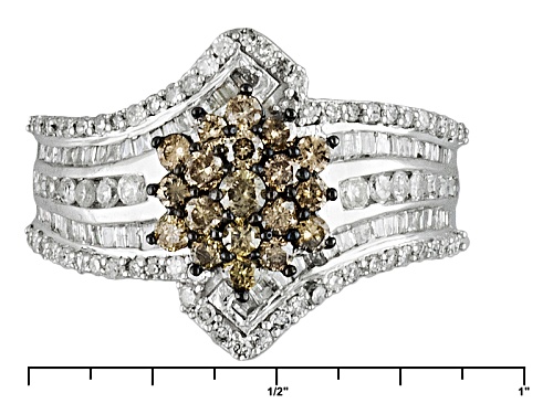 Pre-Owned 1.50ctw Round And Baguette Champagne And White Diamond 10k White Gold Ring - Size 9
