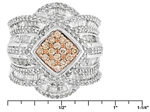 Pre-Owned 2.00ctw Round Champagne And Round And Baguette White Diamond Rhodium Over Silver Cluster R - Size 5