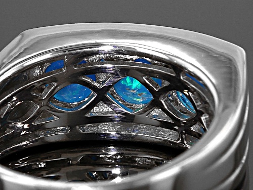 Pre-Owned 1.02ctw Round Paraiba Color Blue Ethiopian Opal Sterling Silver Mens 3-Stone Ring - Size 13