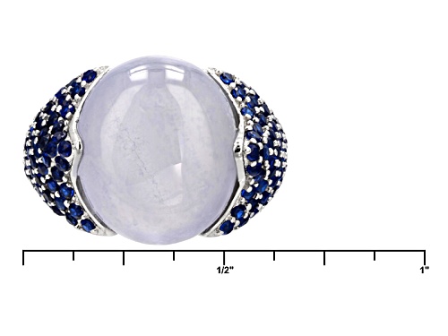 14x12mm Oval Cabochon Blue Chalcedony And .07ctw Round Lab Created Blue Spinel Silver Ring - Size 5