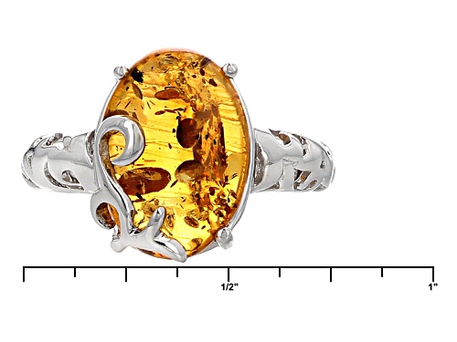14x10mm Oval Cabochon Orange Polish Amber Solitaire Rhodium Over Sterling Silver Ring - Size 8